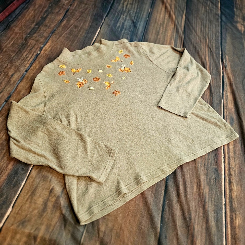 Vintage 2000s Fall Embroidered Leaf Mock Neck Top XL Tan Studio Works Autumn